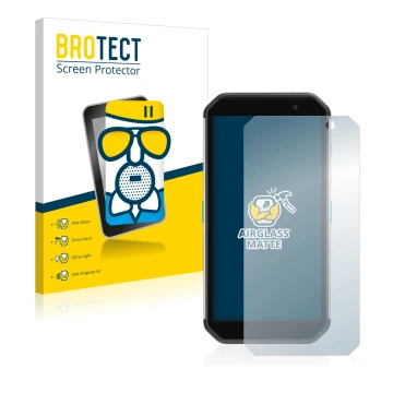 Parte frontal de un envase de producto con el logotipo de la marca BROTECT. Al lado se muestra el dispositivo Almex AiM TC601 