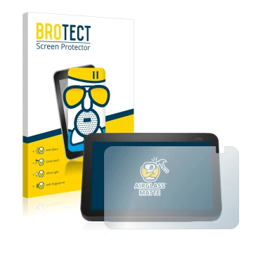 Parte frontal de un envase de producto con el logotipo de la marca BROTECT. Al lado se muestra el dispositivo Amazon Echo Show