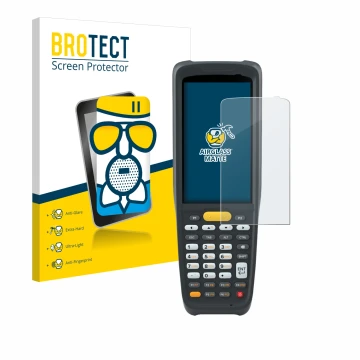 Parte frontal de un envase de producto con el logotipo de la marca BROTECT. Al lado se muestra el dispositivo Zebra MC2200 con