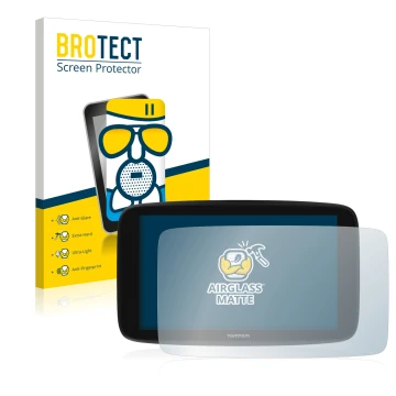 Parte frontal de un envase de producto con el logotipo de la marca BROTECT. Al lado se muestra el dispositivo TomTom Go Expert