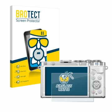 Parte frontal de un envase de producto con el logotipo de la marca BROTECT. Al lado se muestra el dispositivo Olympus PEN E-P7