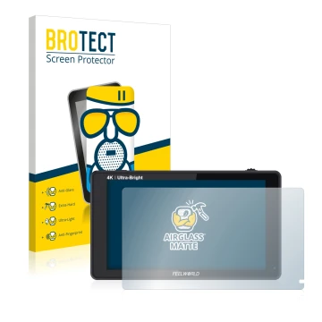 Parte frontal de un envase de producto con el logotipo de la marca BROTECT. Al lado se muestra el dispositivo Feelworld LUT6 6