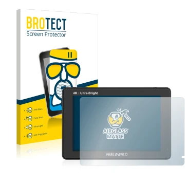 Parte frontal de un envase de producto con el logotipo de la marca BROTECT. Al lado se muestra el dispositivo Feelworld LUT7 7