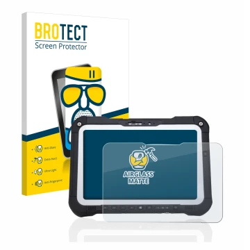 Parte frontal de un envase de producto con el logotipo de la marca BROTECT. Al lado se muestra el dispositivo Panasonic Toughb