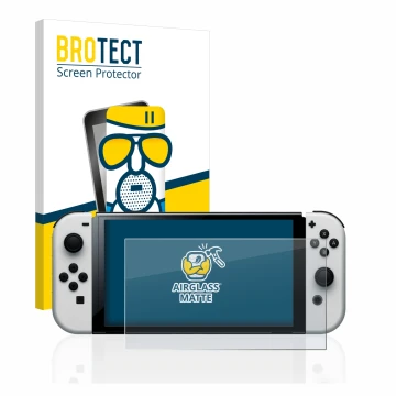 Parte frontal de un envase de producto con el logotipo de la marca BROTECT. Al lado se muestra el dispositivo Nintendo Switch 