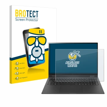 Parte frontal de un envase de producto con el logotipo de la marca BROTECT. Al lado se muestra el dispositivo LG gram 16'' 2-i