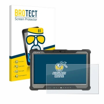 Parte frontal de un envase de producto con el logotipo de la marca BROTECT. Al lado se muestra el dispositivo Getac A140 con s