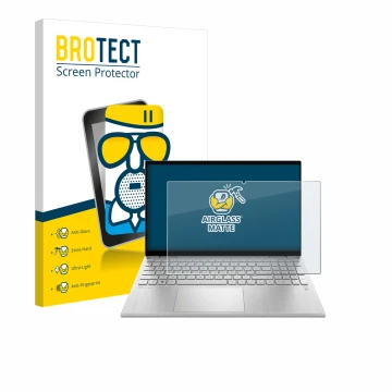 Parte frontal de un envase de producto con el logotipo de la marca BROTECT. Al lado se muestra el dispositivo HP Pavilion x360