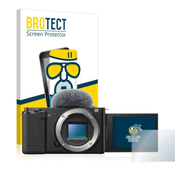 Parte frontal de un envase de producto con el logotipo de la marca BROTECT. Al lado se muestra el dispositivo Sony Alpha ZV-E1