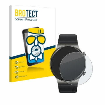 Parte frontal de un envase de producto con el logotipo de la marca BROTECT. Al lado se muestra el dispositivo Huawei Watch GT 