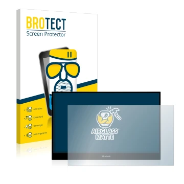 Parte frontal de un envase de producto con el logotipo de la marca BROTECT. Al lado se muestra el dispositivo ViewSonic TD1655