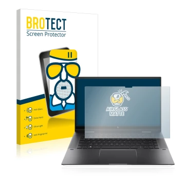 Parte frontal de un envase de producto con el logotipo de la marca BROTECT. Al lado se muestra el dispositivo HP Envy x360 (15
