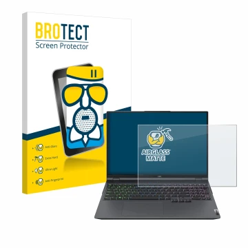 Parte frontal de un envase de producto con el logotipo de la marca BROTECT. Al lado se muestra el dispositivo Lenovo Legion 5 