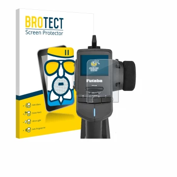 Parte frontal de un envase de producto con el logotipo de la marca BROTECT. Al lado se muestra el dispositivo Futaba T3PV con 
