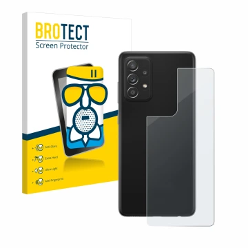 Parte frontal de un envase de producto con el logotipo de la marca BROTECT. Al lado se muestra el dispositivo Samsung Galaxy A