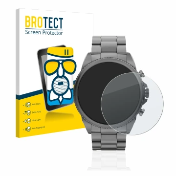 Parte frontal de un envase de producto con el logotipo de la marca BROTECT. Al lado se muestra el dispositivo Fossil Gen 6 (44