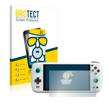 Parte frontal de un envase de producto con el logotipo de la marca BROTECT. Al lado se muestra el dispositivo AYN Odin con su 