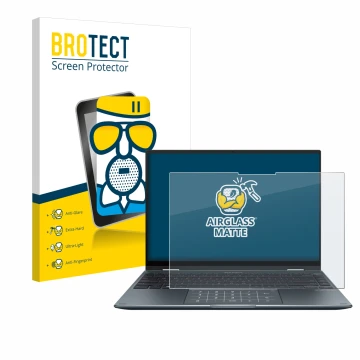 Parte frontal de un envase de producto con el logotipo de la marca BROTECT. Al lado se muestra el dispositivo ASUS ZenBook 14 