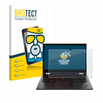 Parte frontal de un envase de producto con el logotipo de la marca BROTECT. Al lado se muestra el dispositivo Lenovo ThinkPad 