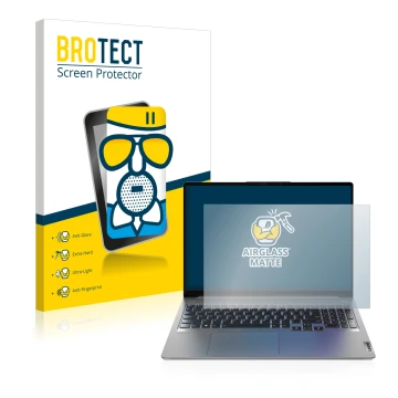 Parte frontal de un envase de producto con el logotipo de la marca BROTECT. Al lado se muestra el dispositivo Lenovo IdeaPad 5