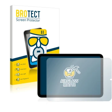 Parte frontal de un envase de producto con el logotipo de la marca BROTECT. Al lado se muestra el dispositivo Apple iPad Mini 