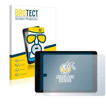 Parte frontal de un envase de producto con el logotipo de la marca BROTECT. Al lado se muestra el dispositivo Apple iPad 10.2