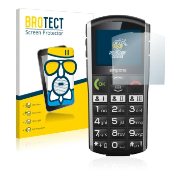 Parte frontal de un envase de producto con el logotipo de la marca BROTECT. Al lado se muestra el dispositivo Emporia Simplici