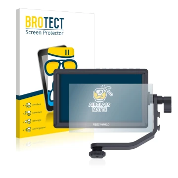 Parte frontal de un envase de producto con el logotipo de la marca BROTECT. Al lado se muestra el dispositivo Feelworld FW568 