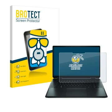 Parte frontal de un envase de producto con el logotipo de la marca BROTECT. Al lado se muestra el dispositivo HP Spectre x360 