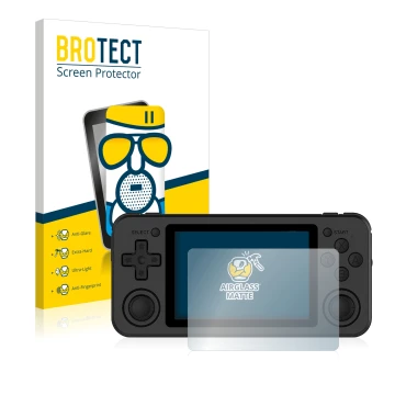 Parte frontal de un envase de producto con el logotipo de la marca BROTECT. Al lado se muestra el dispositivo Anbernic RG351P 