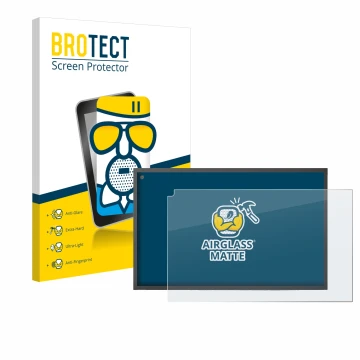 Parte frontal de un envase de producto con el logotipo de la marca BROTECT. Al lado se muestra el dispositivo Amazon Echo Show