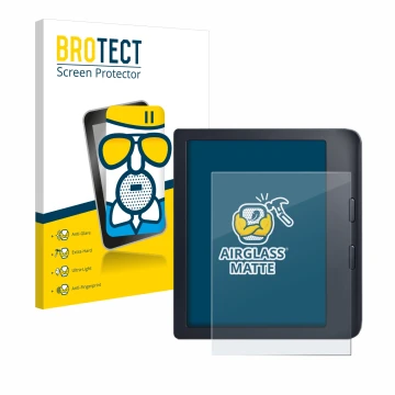 Parte frontal de un envase de producto con el logotipo de la marca BROTECT. Al lado se muestra el dispositivo Kobo Libra 2 con