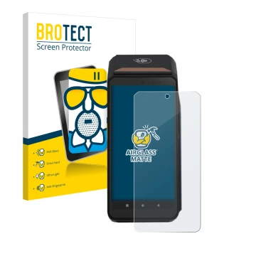 Parte frontal de un envase de producto con el logotipo de la marca BROTECT. Al lado se muestra el dispositivo ingenico Axium D