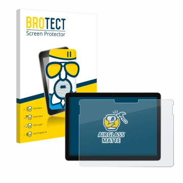 Parte frontal de un envase de producto con el logotipo de la marca BROTECT. Al lado se muestra el dispositivo Microsoft Surfac