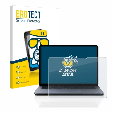 Parte frontal de un envase de producto con el logotipo de la marca BROTECT. Al lado se muestra el dispositivo Microsoft Surfac