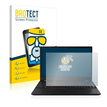 Parte frontal de un envase de producto con el logotipo de la marca BROTECT. Al lado se muestra el dispositivo Lenovo ThinkPad 