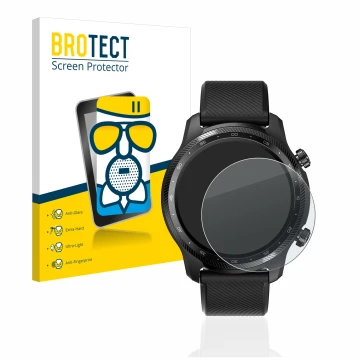 Parte frontal de un envase de producto con el logotipo de la marca BROTECT. Al lado se muestra el dispositivo Mobvoi Ticwatch 