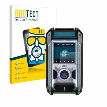 Parte frontal de un envase de producto con el logotipo de la marca BROTECT. Al lado se muestra el dispositivo Makita DMR115 co