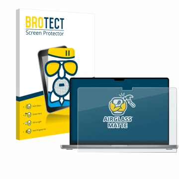 Parte frontal de un envase de producto con el logotipo de la marca BROTECT. Al lado se muestra el dispositivo Apple MacBook Pr