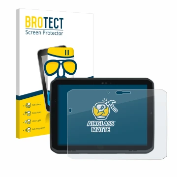 Parte frontal de un envase de producto con el logotipo de la marca BROTECT. Al lado se muestra el dispositivo Zebra ET80 con s