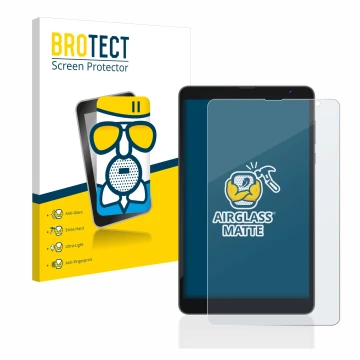 Parte frontal de un envase de producto con el logotipo de la marca BROTECT. Al lado se muestra el dispositivo Blackview Tab 6 