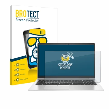 Parte frontal de un envase de producto con el logotipo de la marca BROTECT. Al lado se muestra el dispositivo HP EliteBook 850