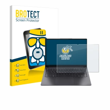 Parte frontal de un envase de producto con el logotipo de la marca BROTECT. Al lado se muestra el dispositivo Lenovo Yoga Slim