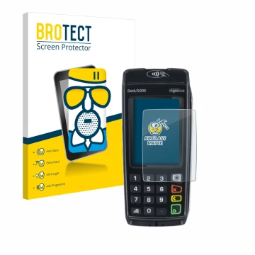 Parte frontal de un envase de producto con el logotipo de la marca BROTECT. Al lado se muestra el dispositivo ingenico Desk/50