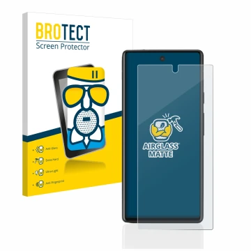 Parte frontal de un envase de producto con el logotipo de la marca BROTECT. Al lado se muestra el dispositivo Google Pixel 6a 