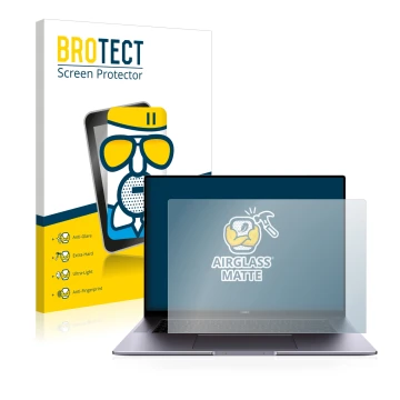 Parte frontal de un envase de producto con el logotipo de la marca BROTECT. Al lado se muestra el dispositivo Huawei MateBook 