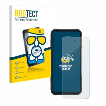 Parte frontal de un envase de producto con el logotipo de la marca BROTECT. Al lado se muestra el dispositivo Doogee V20 con s