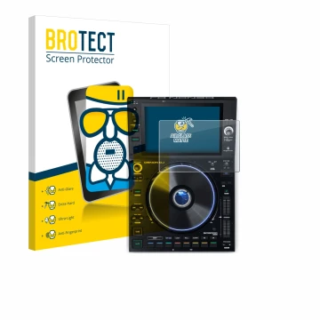 Parte frontal de un envase de producto con el logotipo de la marca BROTECT. Al lado se muestra el dispositivo Denon DJ SC6000 