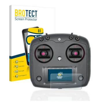 Parte frontal de un envase de producto con el logotipo de la marca BROTECT. Al lado se muestra el dispositivo FlySky FS-i6S co