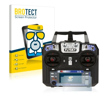 Parte frontal de un envase de producto con el logotipo de la marca BROTECT. Al lado se muestra el dispositivo FlySky FS-i6 con